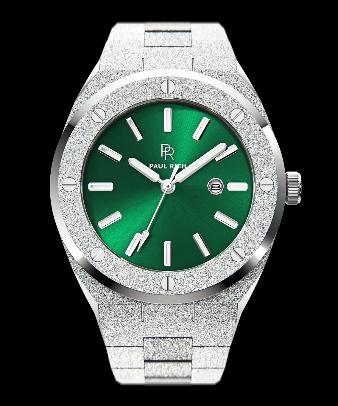 ChatGPT said:Paul Rich watch with round frosted silver case and bracelet, metallic green sunray dial, silver hour markers, and date window, shown on transparent background. ChatGPT said:Paul Rich watch with round frosted silver case and bracelet, metallic green sunray dial, silver hour markers, and date window, shown on transparent background.