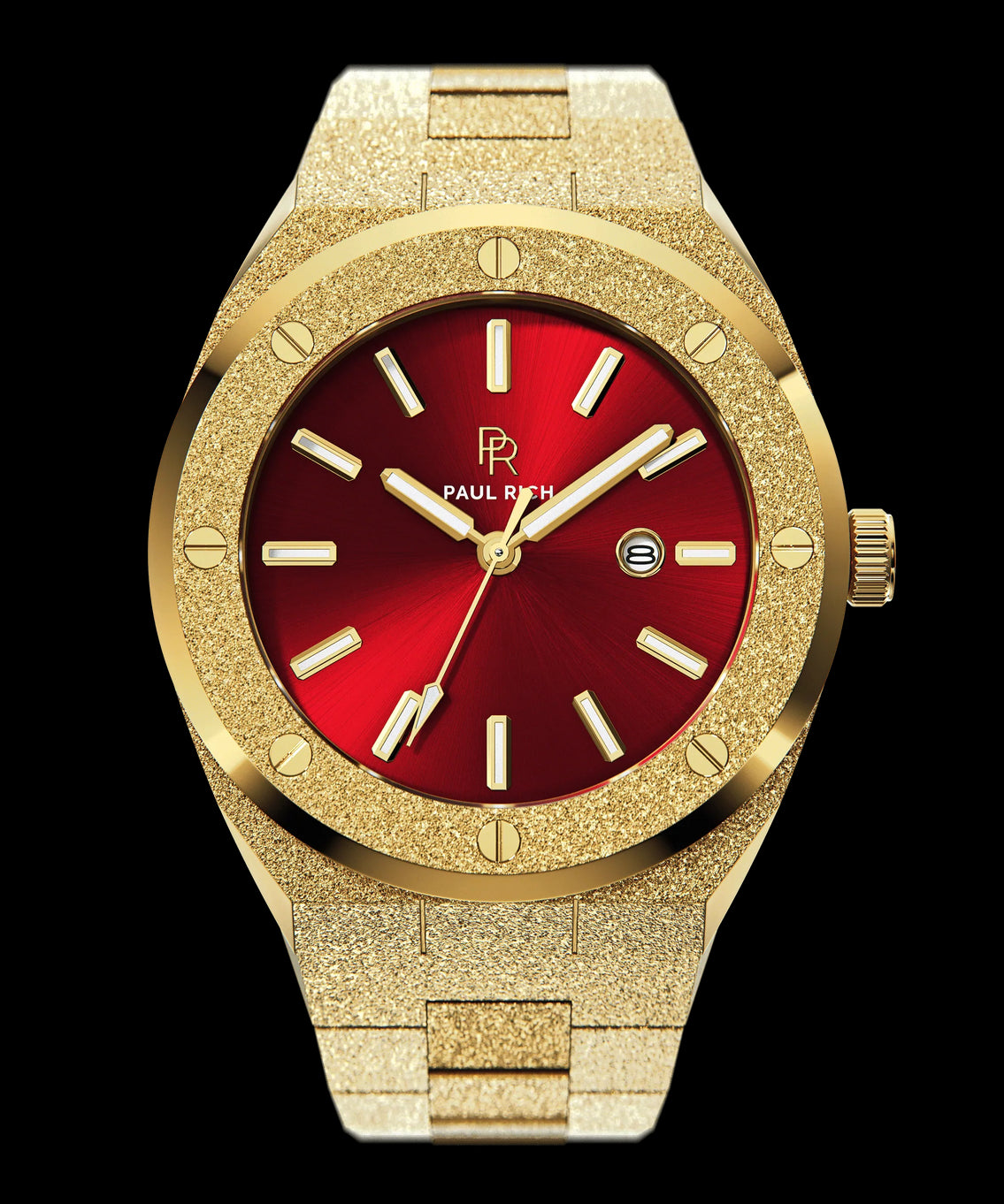 Paul Rich watch with round frosted gold case and bracelet, metallic red sunray dial, gold hour markers, and date window, shown on transparent background. Paul Rich watch with round frosted gold case and bracelet, metallic red sunray dial, gold hour markers, and date window, shown on transparent background.