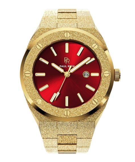 Frosted Sultan's Ruby Paul Rich watch with round frosted gold case and bracelet, metallic red sunray dial, gold hour markers, and date window, shown on transparent background.