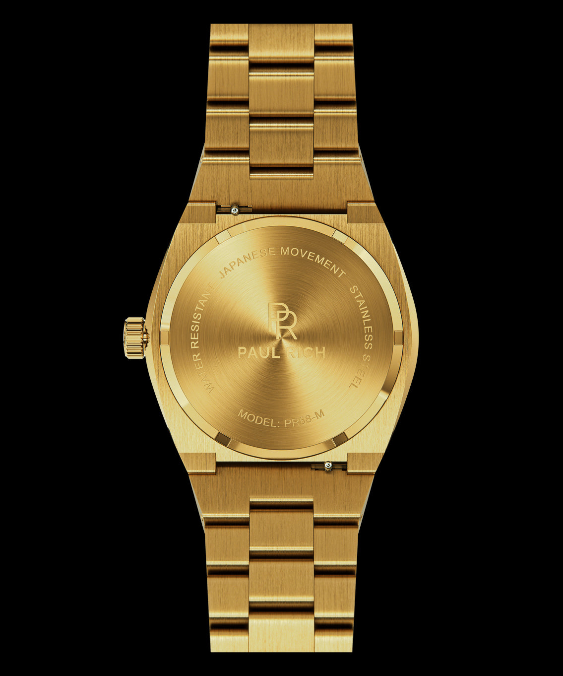 Back of Paul Rich watch with brushed gold stainless steel case and bracelet, showing engraved PR logo and text including “MODEL: PR68-M” and “JAPANESE MOVEMENT.” Back of Paul Rich watch with brushed gold stainless steel case and bracelet, showing engraved PR logo and text including “MODEL: PR68-M” and “JAPANESE MOVEMENT.”
