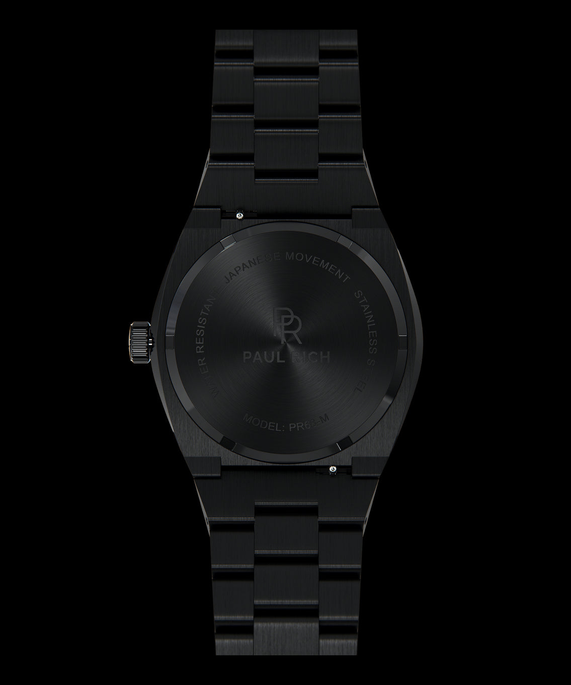 Back view of Paul Rich brushed black watch with engraved case back showing logo, model PR68-M, and Japanese movement. Back view of Paul Rich brushed black watch with engraved case back showing logo, model PR68-M, and Japanese movement.