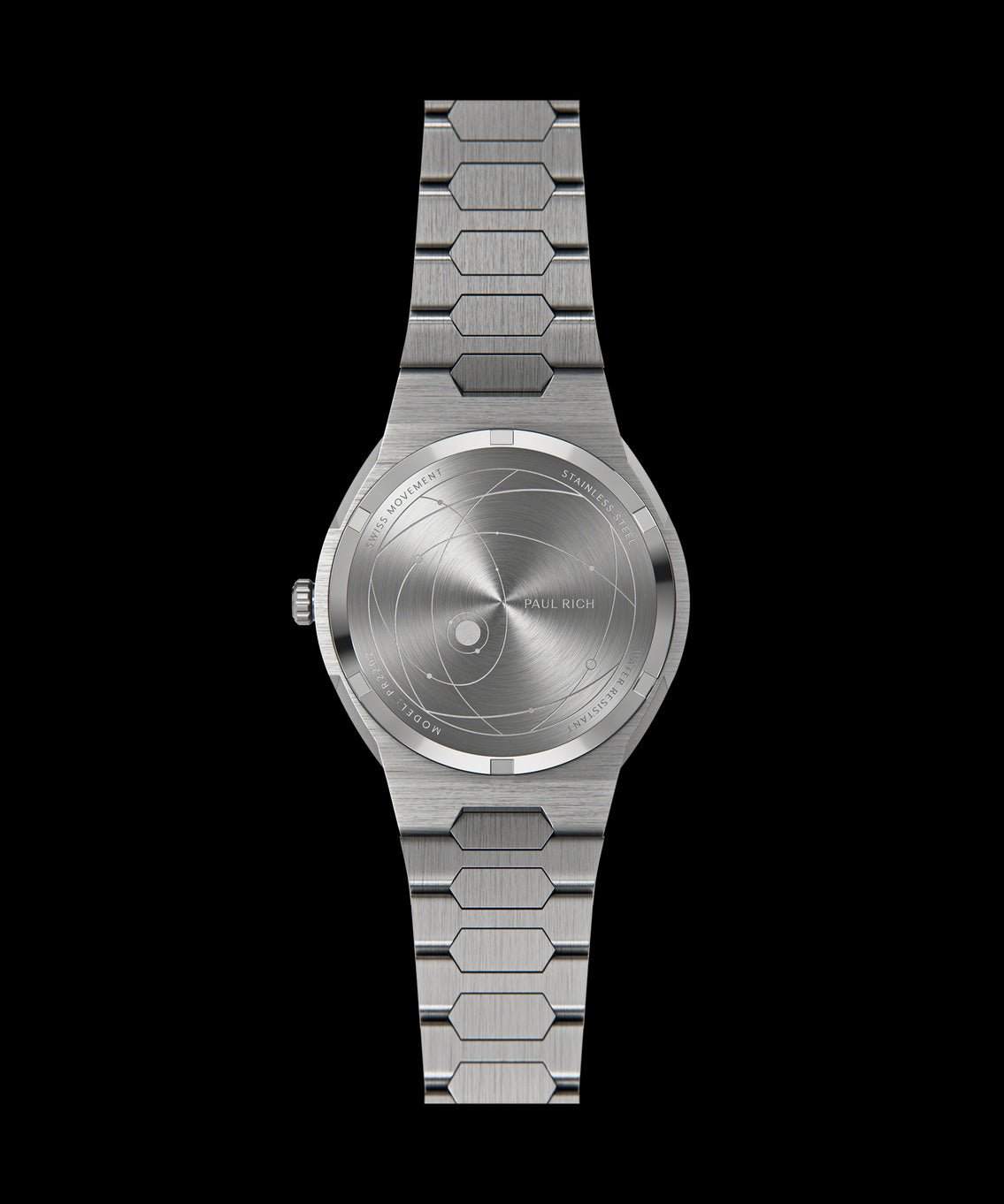 Back of Paul Rich watch with round stainless steel case and bracelet, featuring engraved orbital design and inscriptions including βSwiss Movement.β Back of Paul Rich watch with round stainless steel case and bracelet, featuring engraved orbital design and inscriptions including βSwiss Movement.β