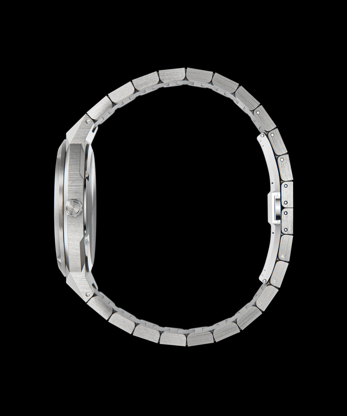 Side view of Paul Rich watch with round stainless steel case, textured crown, and closed brushed steel bracelet, shown on transparent background. Side view of Paul Rich watch with round stainless steel case, textured crown, and closed brushed steel bracelet, shown on transparent background.