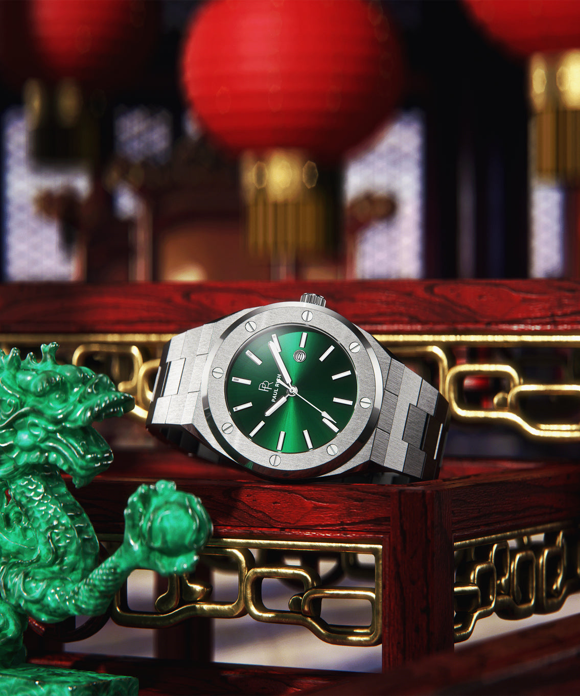 Paul Rich brushed silver watch with green sunray dial and date window, displayed on ornate red and gold railing with jade dragon statue. Paul Rich brushed silver watch with green sunray dial and date window, displayed on ornate red and gold railing with jade dragon statue.