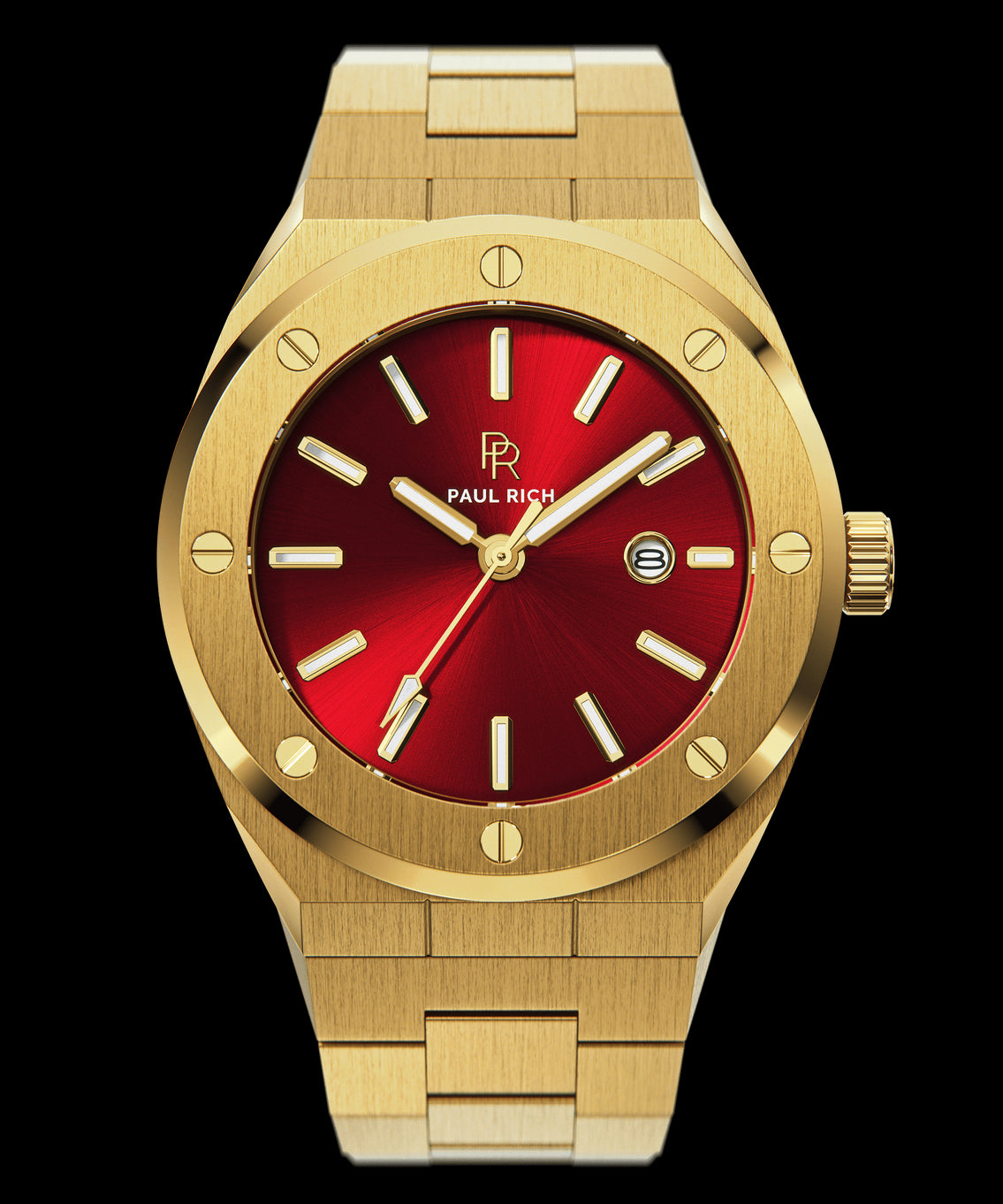 Front view of Paul Rich brushed gold watch with vibrant red sunray dial, gold markers, and date window, on transparent background. Front view of Paul Rich brushed gold watch with vibrant red sunray dial, gold markers, and date window, on transparent background.