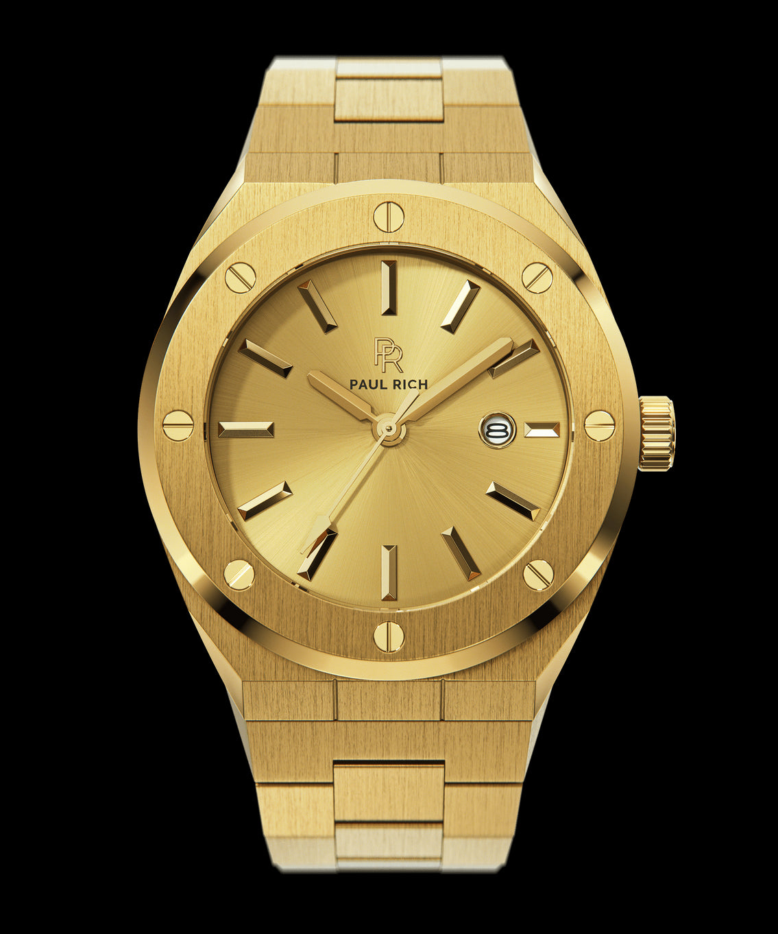 Front view of Paul Rich brushed gold watch with gold sunray dial, matching markers, and date window, on transparent background. Front view of Paul Rich brushed gold watch with gold sunray dial, matching markers, and date window, on transparent background.
