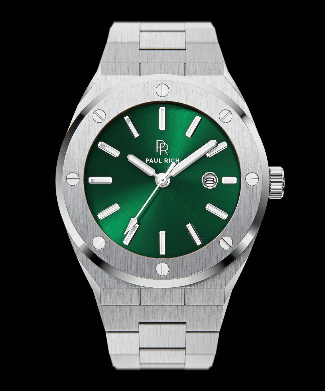 Front view of Paul Rich brushed silver watch with green sunray dial, silver markers, and date window, on transparent background. Front view of Paul Rich brushed silver watch with green sunray dial, silver markers, and date window, on transparent background.