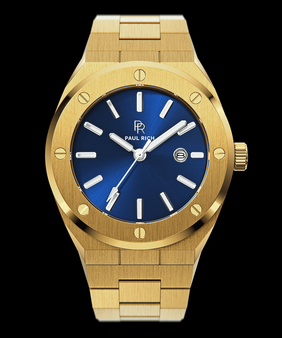 Front view of Paul Rich brushed gold watch with deep blue sunray dial, silver markers, and date window, on transparent background. Front view of Paul Rich brushed gold watch with deep blue sunray dial, silver markers, and date window, on transparent background.