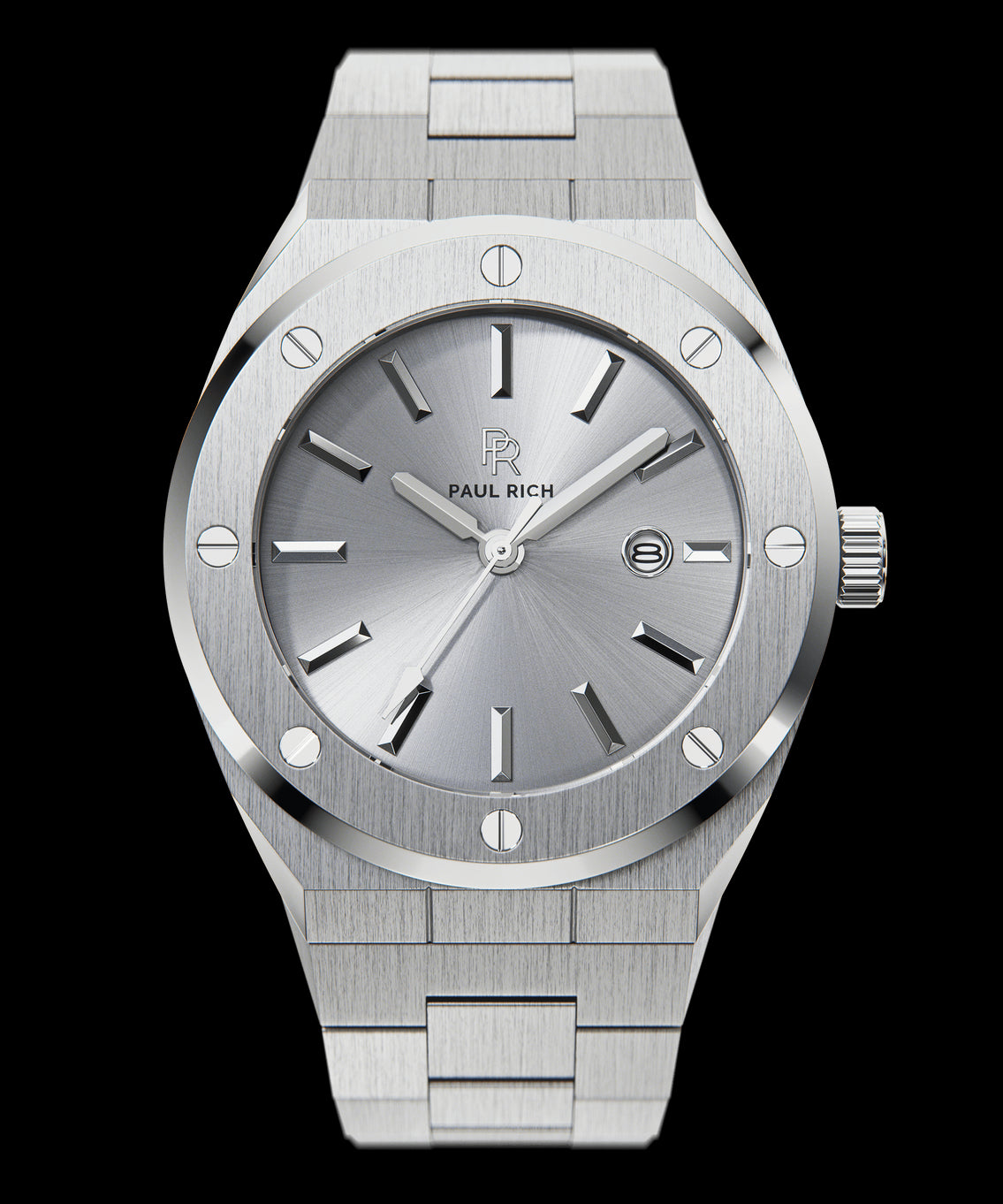 Front view of Paul Rich brushed silver watch with metallic silver sunray dial, silver markers, and date window, on transparent background. Front view of Paul Rich brushed silver watch with metallic silver sunray dial, silver markers, and date window, on transparent background.