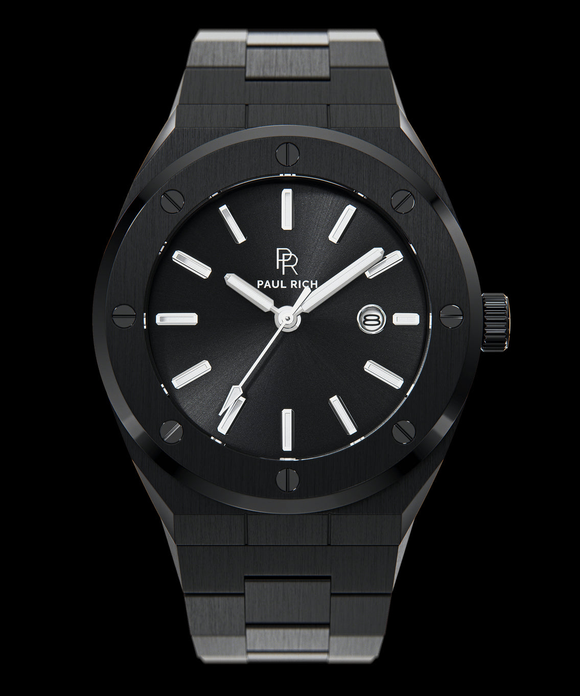 Front view of Paul Rich brushed black watch with black sunray dial, silver markers, and date window, on transparent background. Front view of Paul Rich brushed black watch with black sunray dial, silver markers, and date window, on transparent background.
