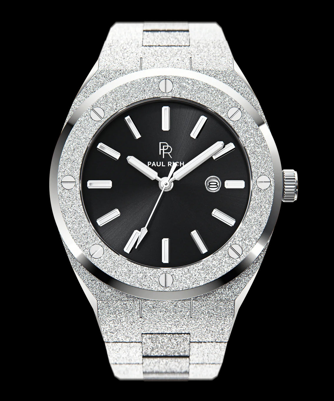 Paul Rich watch with round frosted silver case and bracelet, metallic black sunray dial, silver hour markers, and date window, shown on transparent background. Paul Rich watch with round frosted silver case and bracelet, metallic black sunray dial, silver hour markers, and date window, shown on transparent background.