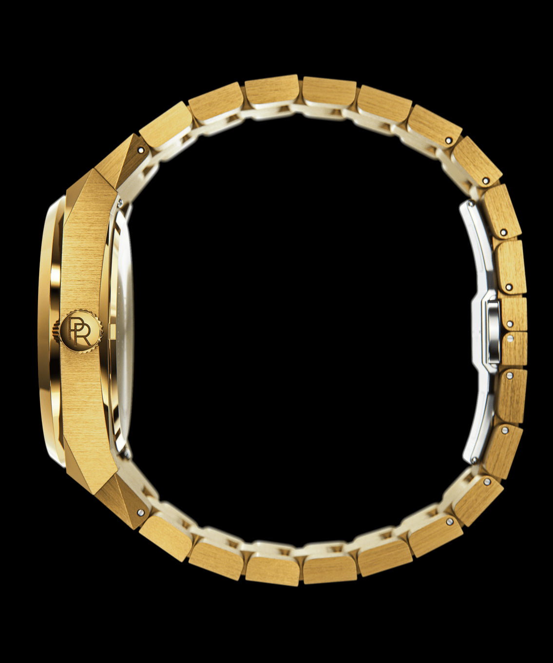 Side view of Paul Rich watch with round brushed gold case, PR monogram crown, and closed gold stainless steel bracelet, shown on transparent background. Side view of Paul Rich watch with round brushed gold case, PR monogram crown, and closed gold stainless steel bracelet, shown on transparent background.