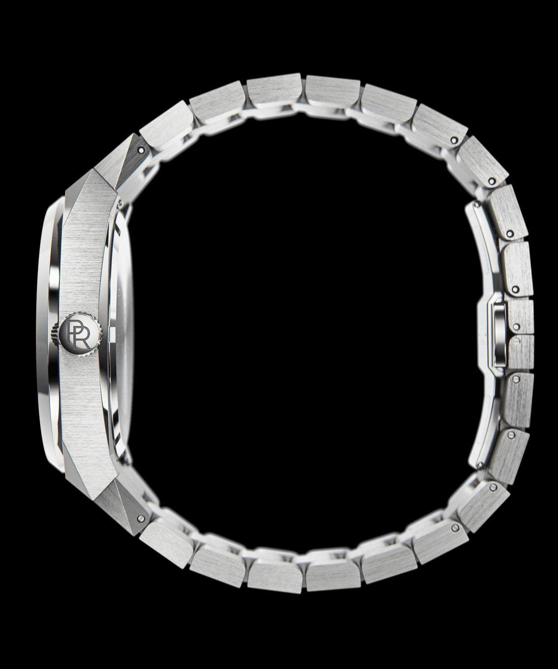 Side view of Paul Rich watch with round brushed silver case, PR monogram crown, and closed stainless steel bracelet, shown on transparent background. Side view of Paul Rich watch with round brushed silver case, PR monogram crown, and closed stainless steel bracelet, shown on transparent background.
