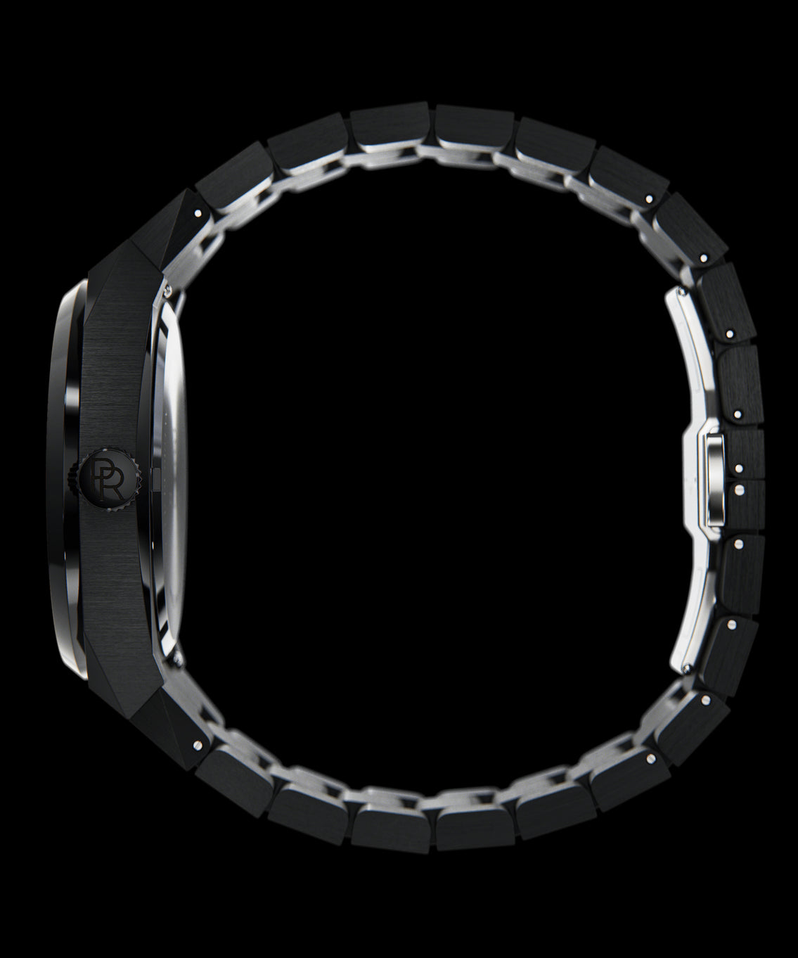 Side view of Paul Rich brushed black watch with PR monogram crown and full black link bracelet, shown on transparent background. Side view of Paul Rich brushed black watch with PR monogram crown and full black link bracelet, shown on transparent background.