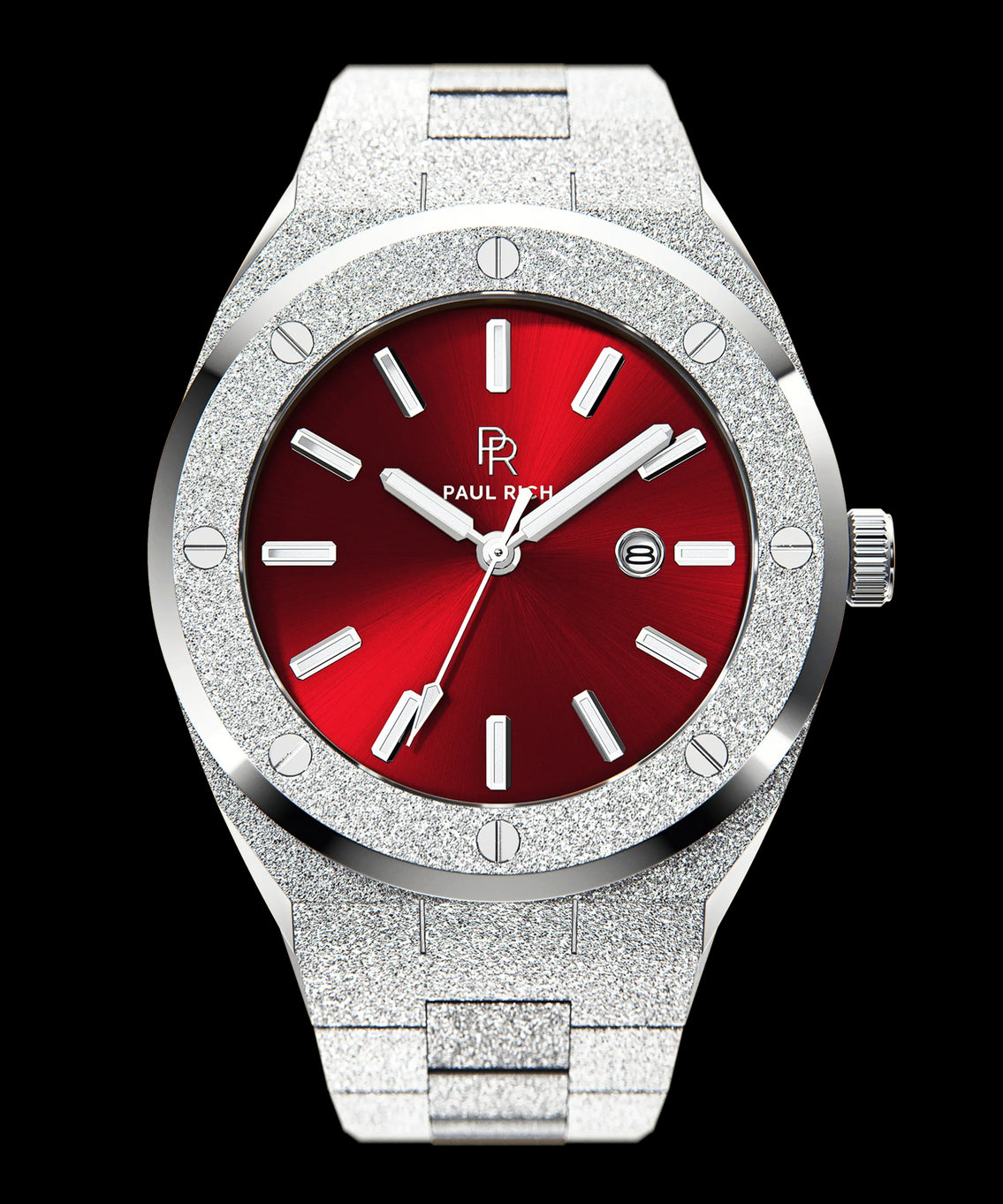 Paul Rich watch with round case, frosted silver finish, metallic red sunray dial, silver hour markers, and date window, shown on transparent background. Paul Rich watch with round case, frosted silver finish, metallic red sunray dial, silver hour markers, and date window, shown on transparent background.