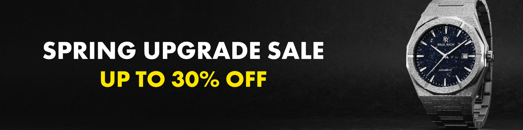 Frosted Star Dust automatic watch with a deep blue aventurine dial shown beside bold Valentine's Day Sale text on a dark background.