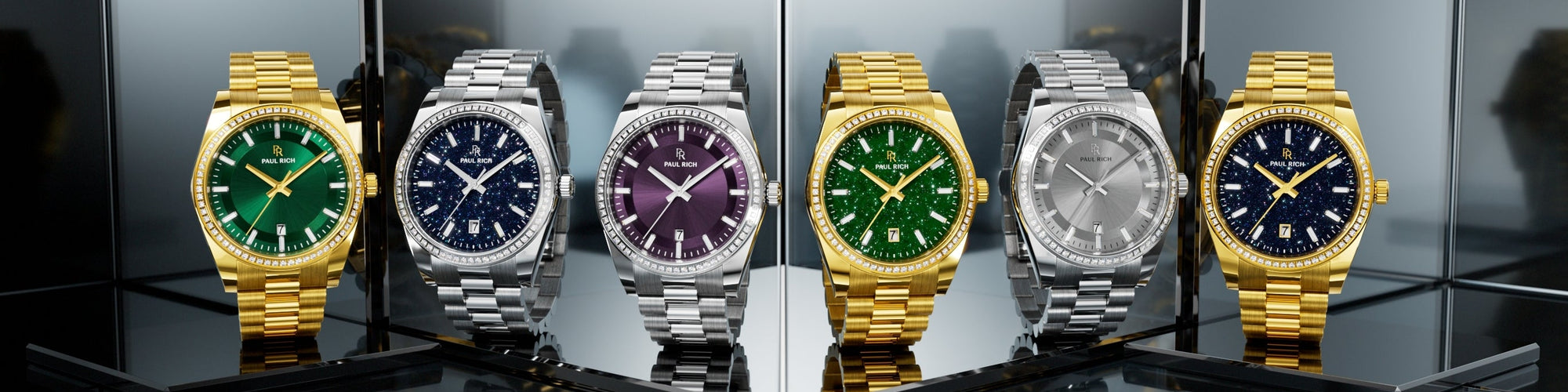 Six frosted diamond-cut watches in silver, black, gold, and rose gold colorways displayed on white marble surface.