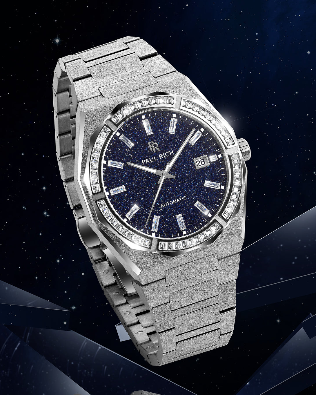 Silver frosted watch with blue aventurine dial and moissanite bezel displayed against a starry background with light reflections.