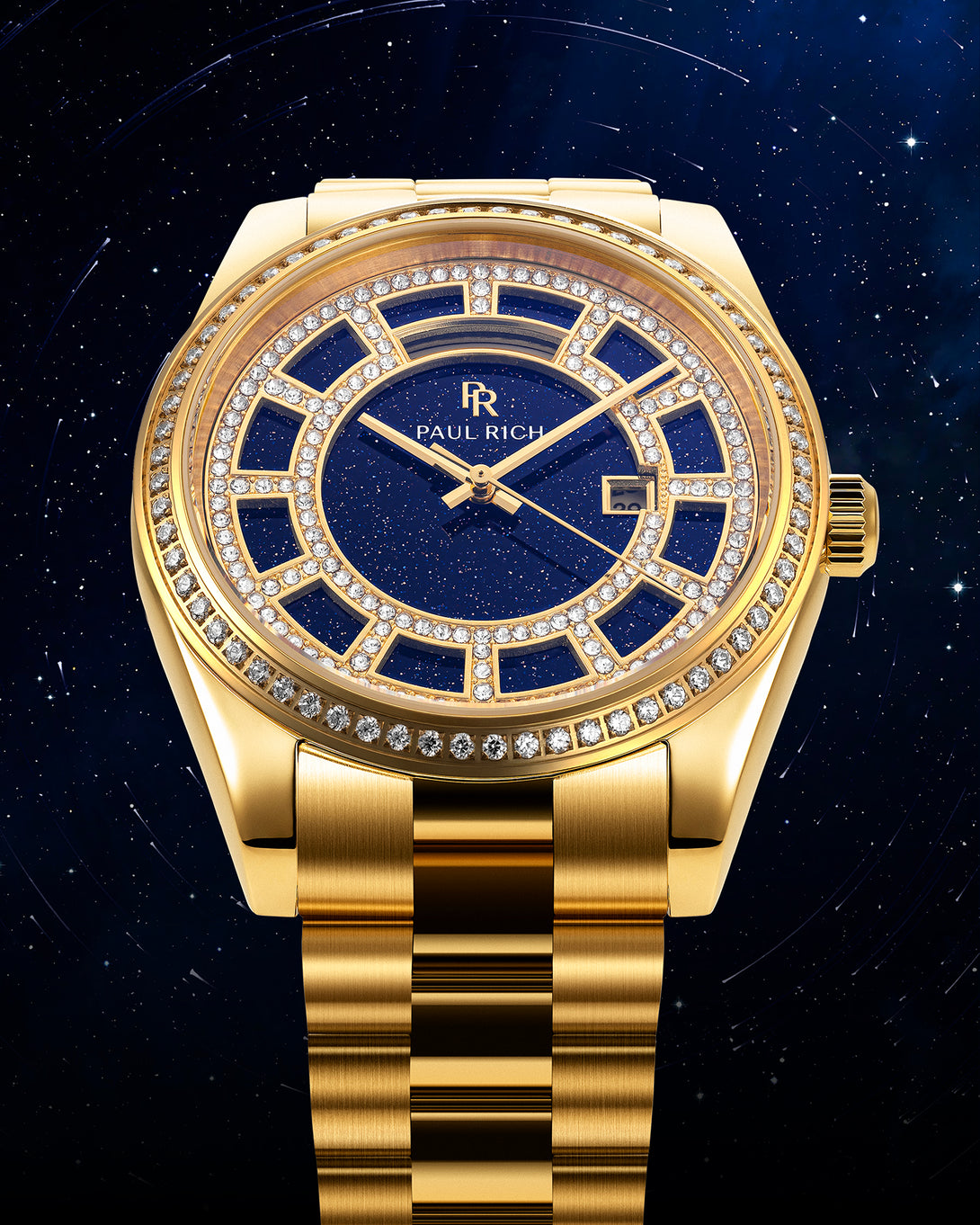 Gold watch with a blue aventurine dial, pavé diamond bezel, and gold bracelet shown against a star-filled deep blue background.