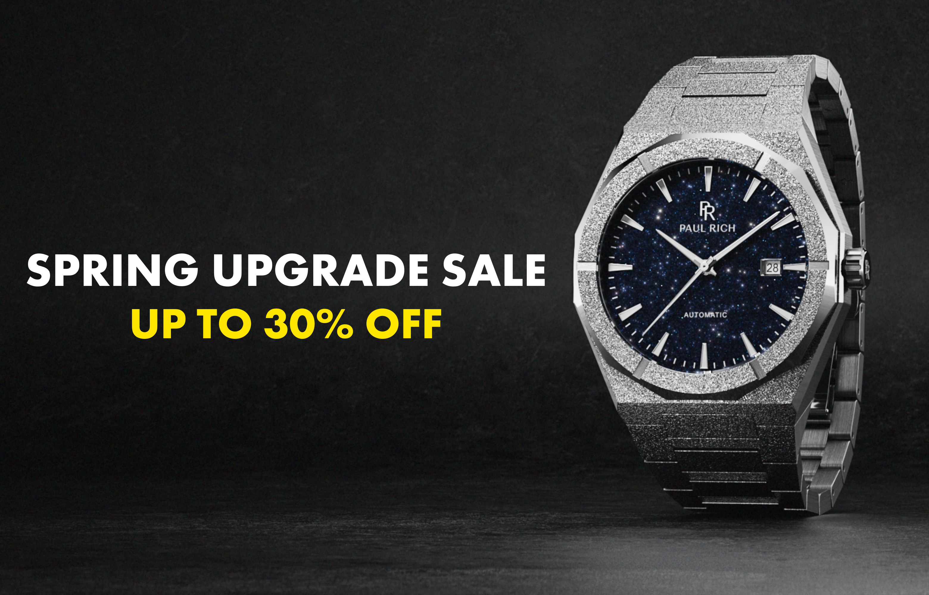 Four MoissaniFrosted Star Dust II watches in black, silver, gold, and rose gold, displayed on reflective crystal surfaces.