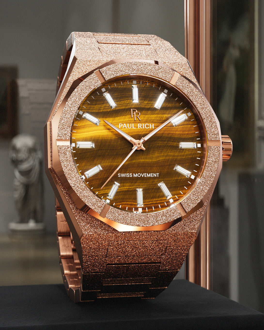 Paul Rich Frosted Star Dust II Tiger Flare - Rose Gold — genuine tiger’s eye dial, frosted rose gold case, museum scene