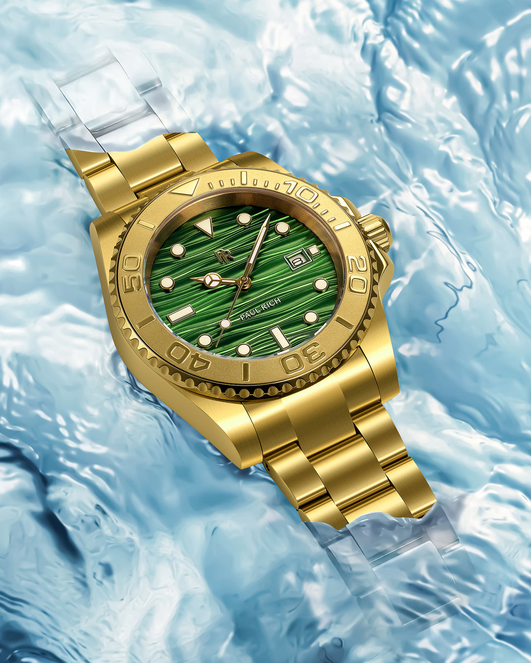 Gold-tone stainless steel watch with a green wave-textured dial resting on bright blue water, showing the case, bracelet, and unidirectional bezel in detail.