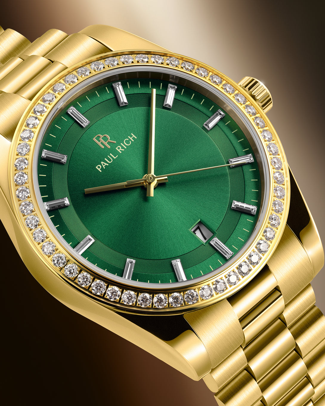 Gold green watch with moissanite bezel and hour markers on a golden abstract background.