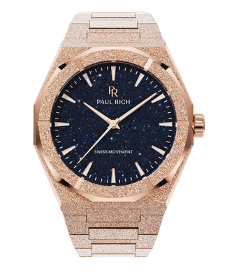 Rose gold frosted Paul Rich watch with deep blue aventurine dial, rose gold markers and hands, shown on transparent background.