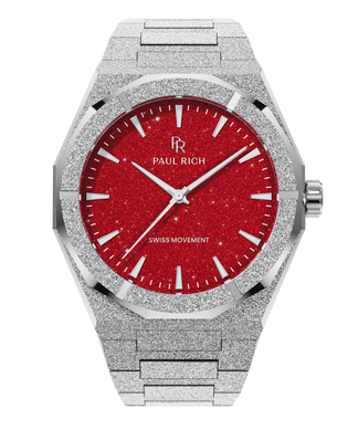 Paul Rich watch with frosted silver case and bracelet, featuring a red aventurine dial with silver hands and hour markers.