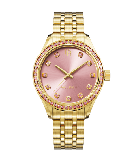 Gold Paul Rich women’s watch with a pink sunray dial, crystal hour markers, crystal-set bezel, and gold bracelet on a transparent background.