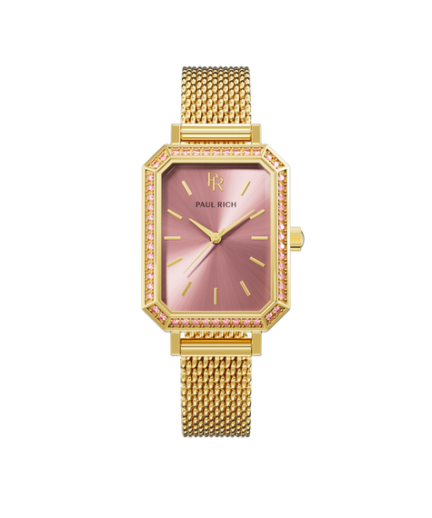 Gold-tone rectangular Paul Rich women’s watch with a pink sunray dial, crystal-set bezel, and gold mesh bracelet on a black background.