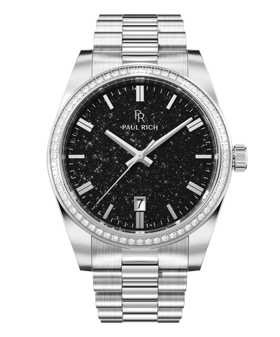 Silver wristwatch with a black aventurine dial, crystal-set bezel, silver hour markers, and metal bracelet shown on a transparent background.