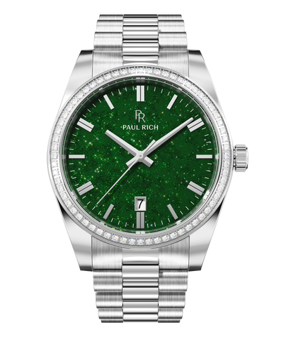 Silver wristwatch with a green aventurine dial, crystal-set bezel, silver hour markers, and metal bracelet shown on a transparent background.