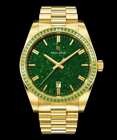 Gold watch with green aventurine dial and green gemstone-set bezel on a gold bracelet, featuring the Paul Rich logo and date window.