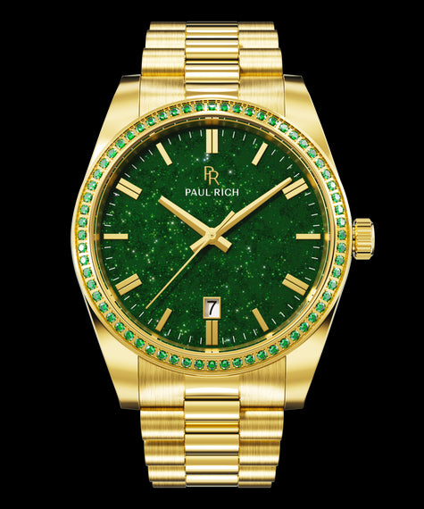 Gold watch with green aventurine dial and green gemstone-set bezel on a gold bracelet, featuring the Paul Rich logo and date window.
