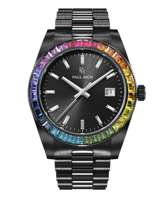 Black wristwatch with a dark sunburst dial, baguette hour markers, and a rainbow bezel on a metal bracelet shown on a transparent background.