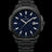 Front view of Paul Rich watch with brushed black case and bracelet, blue aventurine dial, silver indices, and date window at 3 o’clock.