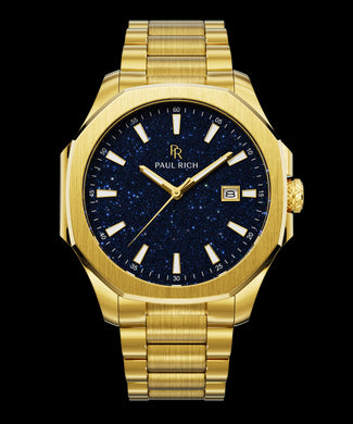 Front view of Paul Rich watch with brushed gold case and bracelet, deep blue aventurine dial, gold indices, and date window at 3 o’clock.