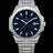 Front view of Paul Rich watch with brushed silver case and bracelet, blue aventurine dial, silver indices, and date window at 3 o’clock.