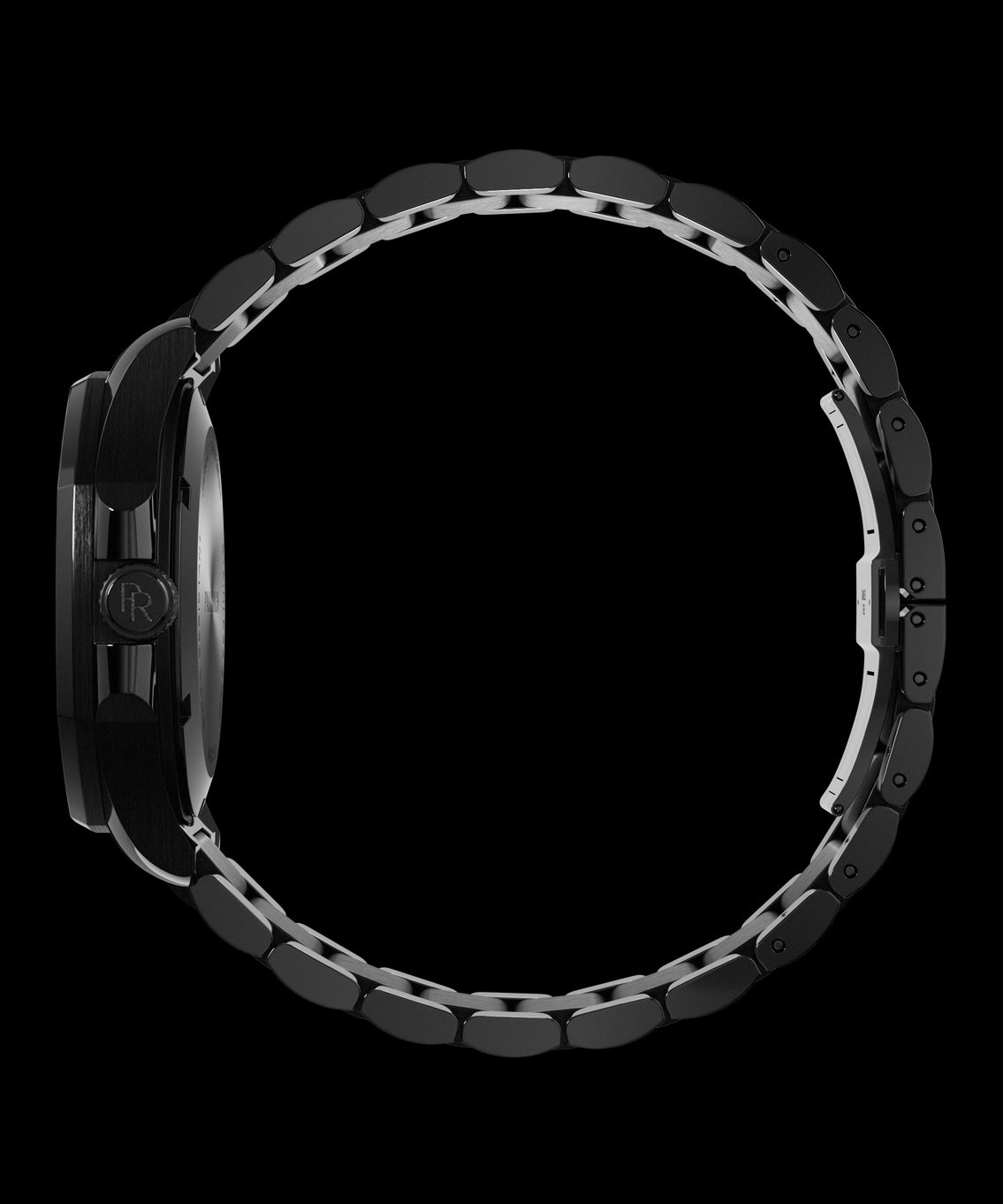 Side view of Paul Rich watch with brushed black case, PR monogram crown, and closed black metal bracelet forming a circular loop.