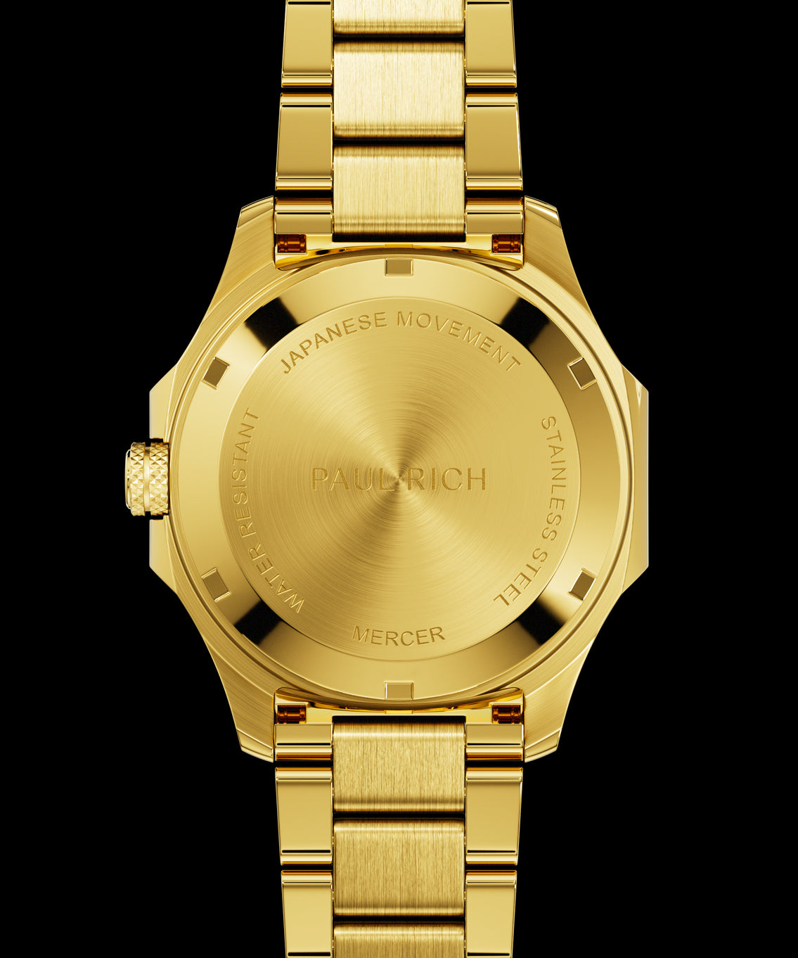 Back view of Paul Rich watch with brushed gold caseback engraved with “PAUL RICH,” “MERCER,” “JAPANESE MOVEMENT,” and “STAINLESS STEEL.”