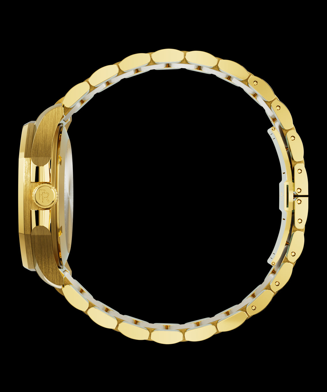 Side view of Paul Rich watch with brushed gold case, PR monogram crown, and polished gold bracelet fully closed in a circular loop.