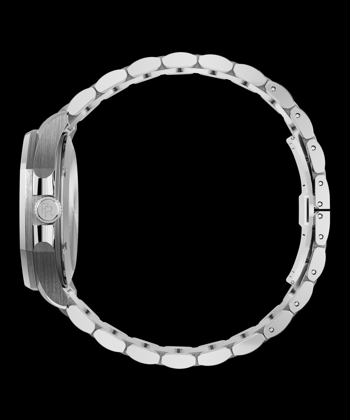 Side view of Paul Rich watch with brushed silver case, PR monogram crown, and polished silver bracelet fully closed in a circular loop.