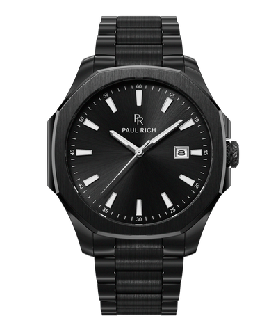 Front view of Paul Rich watch with black sunray dial, silver indices, date window at 3 o’clock, and brushed black metal bracelet.