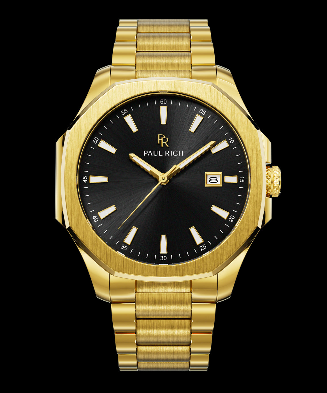 Front view of Paul Rich watch with brushed gold case and bracelet, black sunray dial, gold hands and indices, and date window at 3 o’clock.