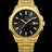 Front view of Paul Rich watch with brushed gold case and bracelet, black sunray dial, gold hands and indices, and date window at 3 o’clock.