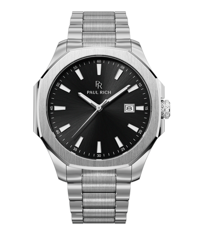 Front view of Paul Rich watch with black sunray dial, silver indices, date window at 3 o'clock, and brushed silver bracelet.