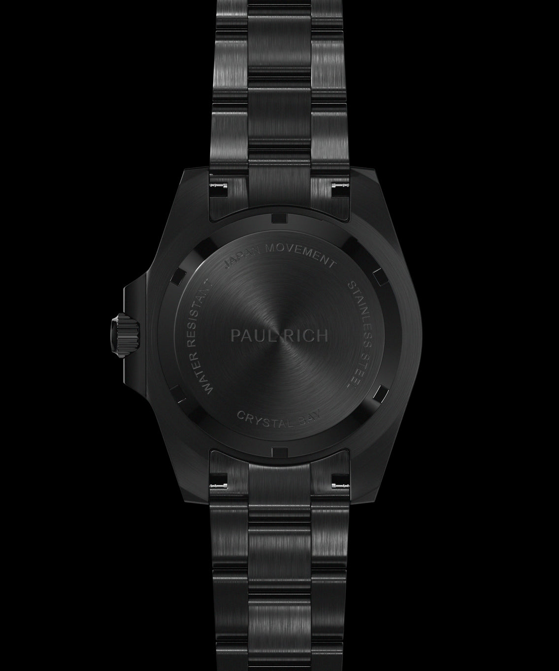 Back view of a black stainless steel watch and bracelet, showing the engraved case back and brushed metal finish against a transparent background.