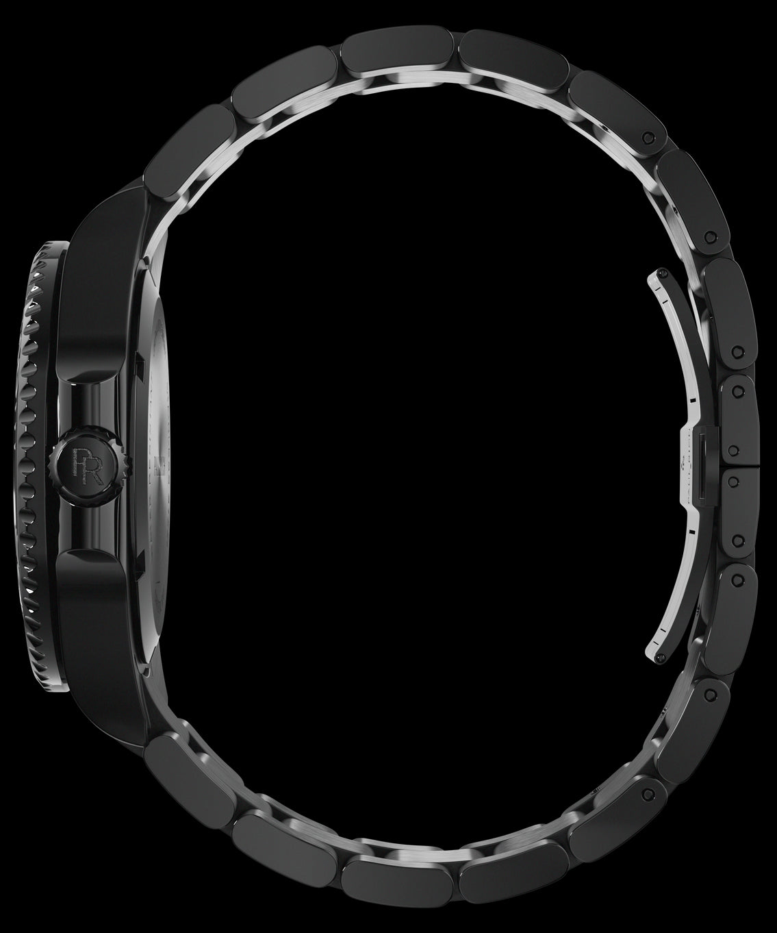 Side view of a black stainless steel watch and bracelet, showing the crown, case profile, and curved linked band against a transparent background.