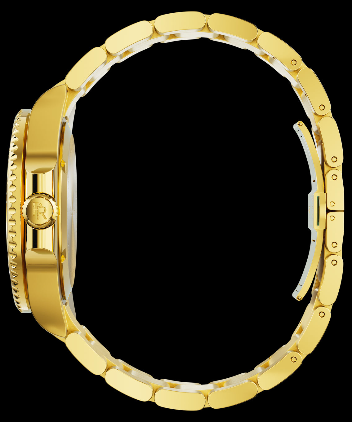 Side view of a gold-tone stainless steel watch and bracelet, showing the crown, case profile, and curved linked band.